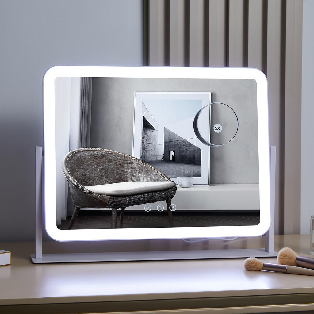 HIEEY Vanity Mirror with Lights — 360° Rotation, 3 Lighting Modes, 5x Magnification, Smart Touch (White, 17.4 x 13.5 in)