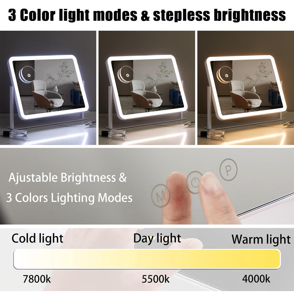 HIEEY Vanity Mirror with Lights — 360° Rotation, 3 Lighting Modes, 5x Magnification, Smart Touch (White, 17.4 x 13.5 in)