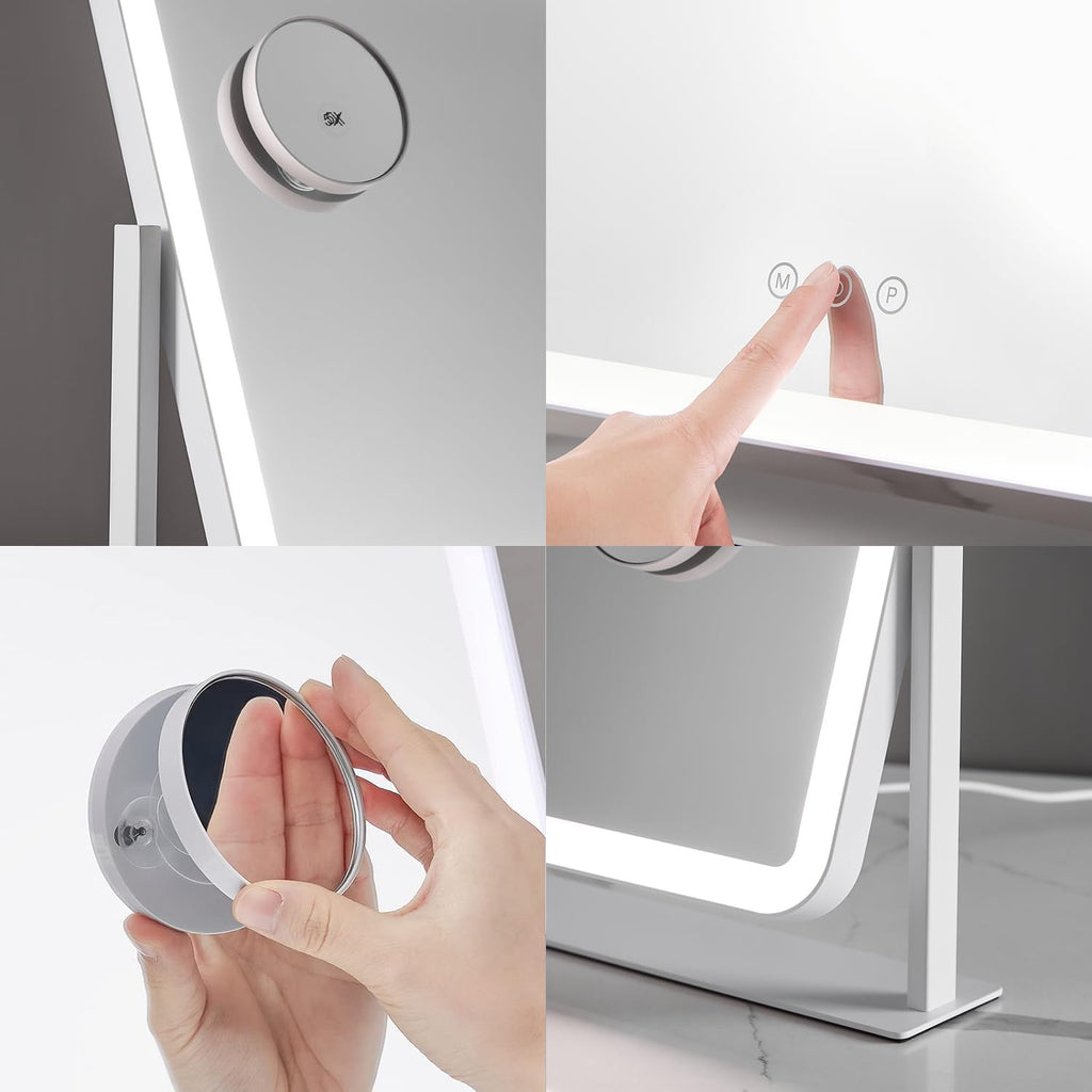 HIEEY Vanity Mirror with Lights — 360° Rotation, 3 Lighting Modes, 5x Magnification, Smart Touch (White, 17.4 x 13.5 in)