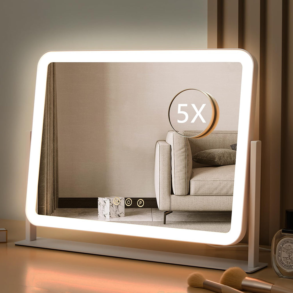 HIEEY Vanity Mirror with Lights — 360° Rotation, 3 Lighting Modes, 5x Magnification, Smart Touch (White, 17.4 x 13.5 in)