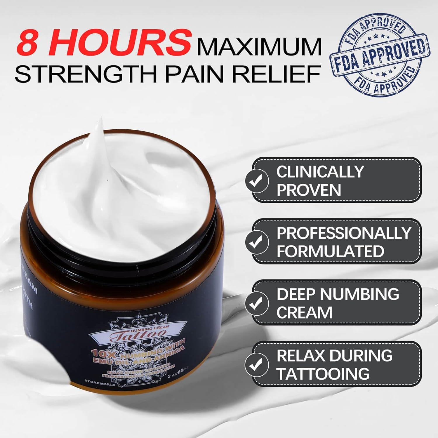 HIEKERS 8 Hours Maximum Strength Numbing Cream for Tattoos - Extra Strength Pain Relief (2oz / 60ml)