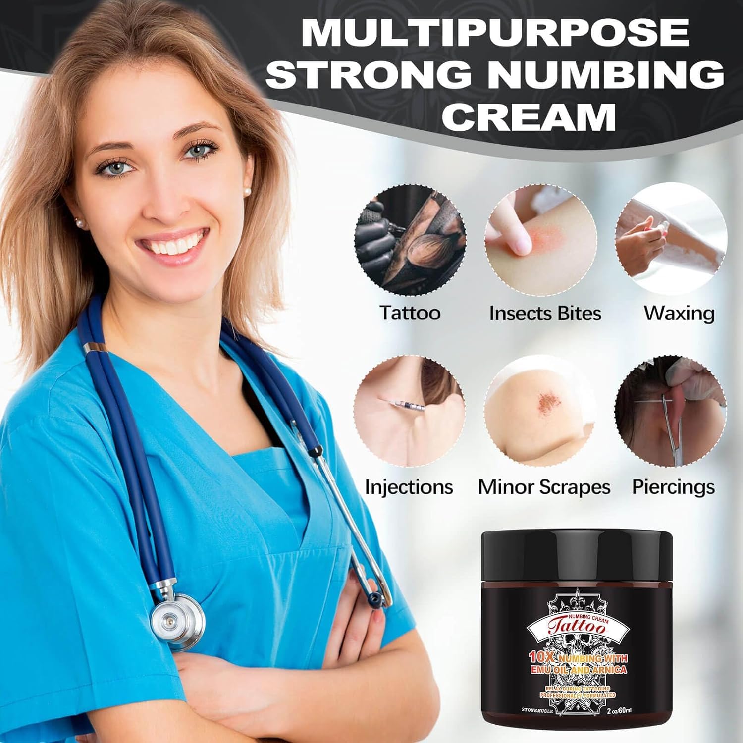 HIEKERS 8 Hours Maximum Strength Numbing Cream for Tattoos - Extra Strength Pain Relief (2oz / 60ml)
