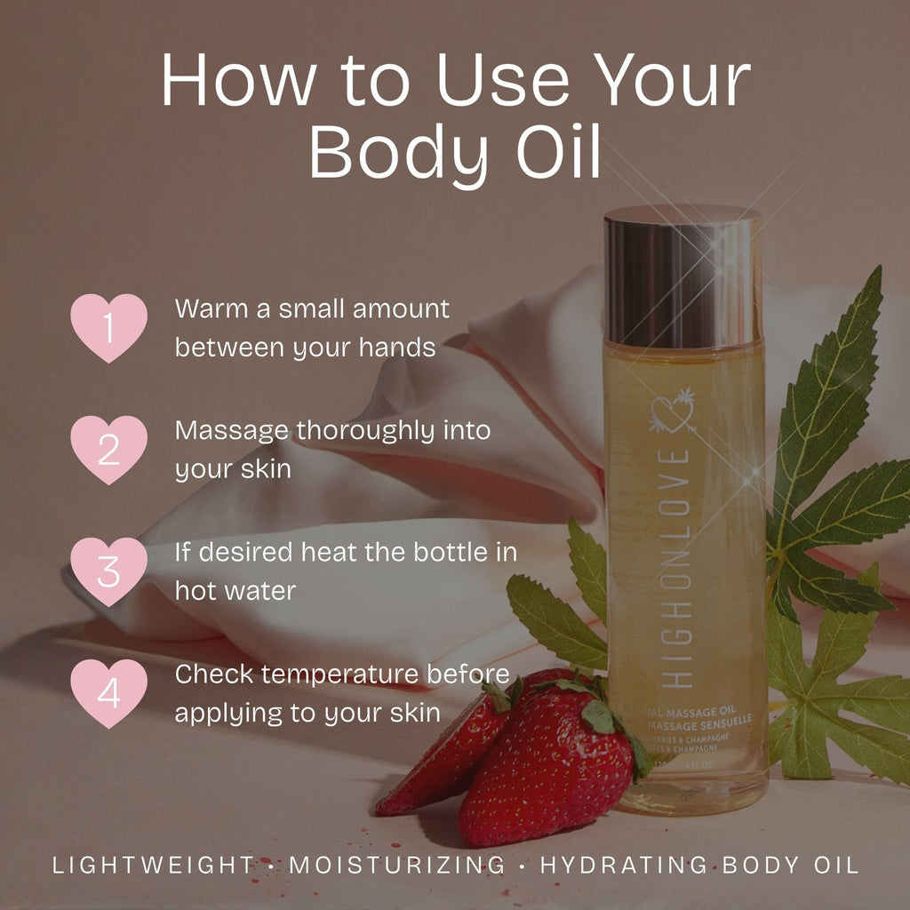 HIGHONLOVE Natural Body Oil – Hemp Seed, Grape Seed & Vitamin E | Strawberries & Champagne (120 ml)