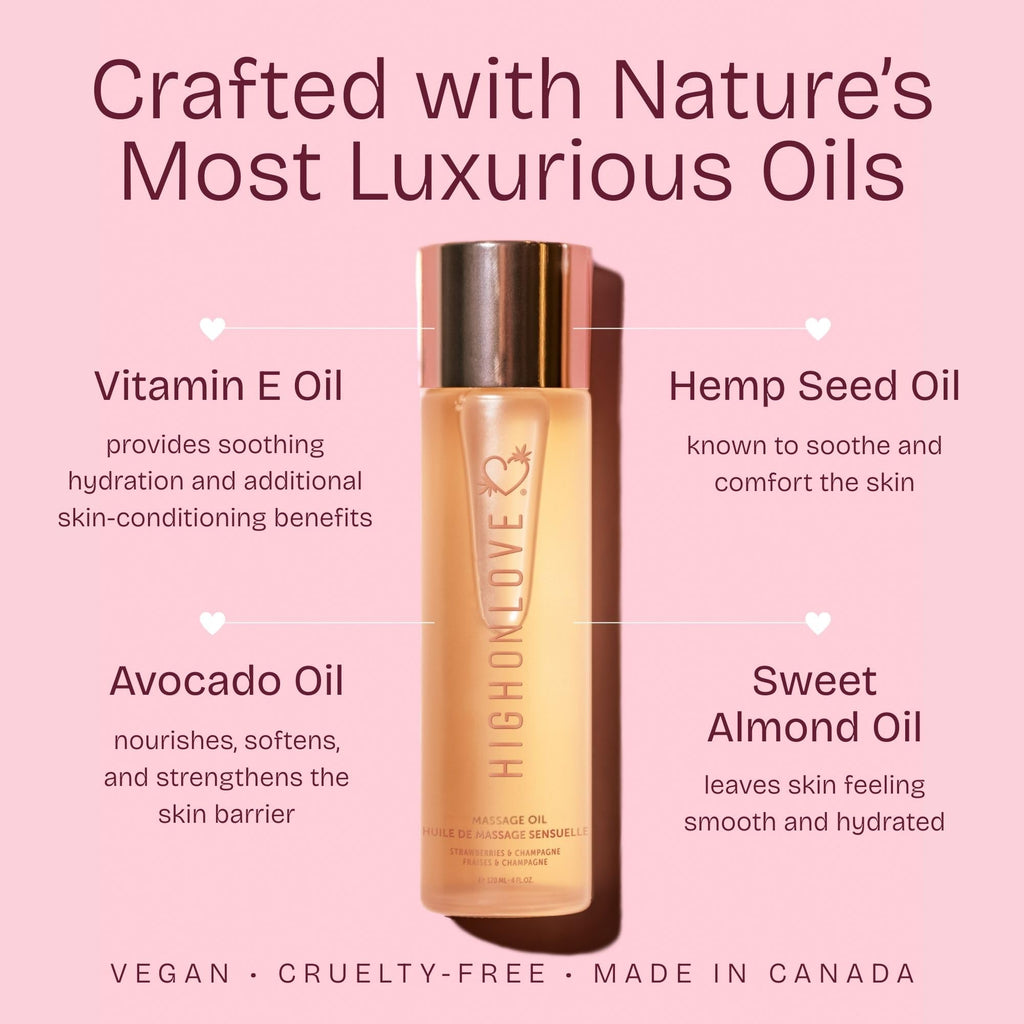HIGHONLOVE Natural Body Oil – Hemp Seed, Grape Seed & Vitamin E | Strawberries & Champagne (120 ml)