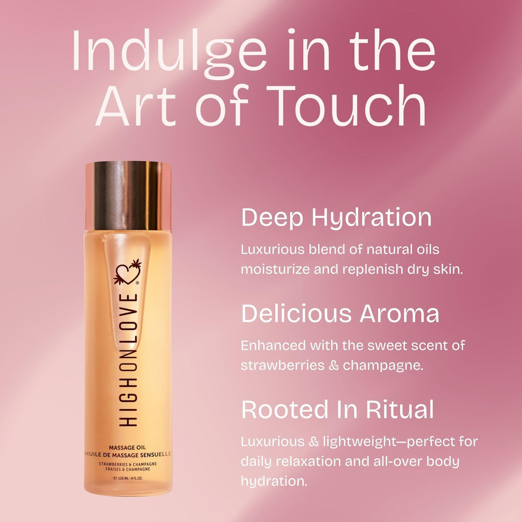 HIGHONLOVE Natural Body Oil – Hemp Seed, Grape Seed & Vitamin E | Strawberries & Champagne (120 ml)