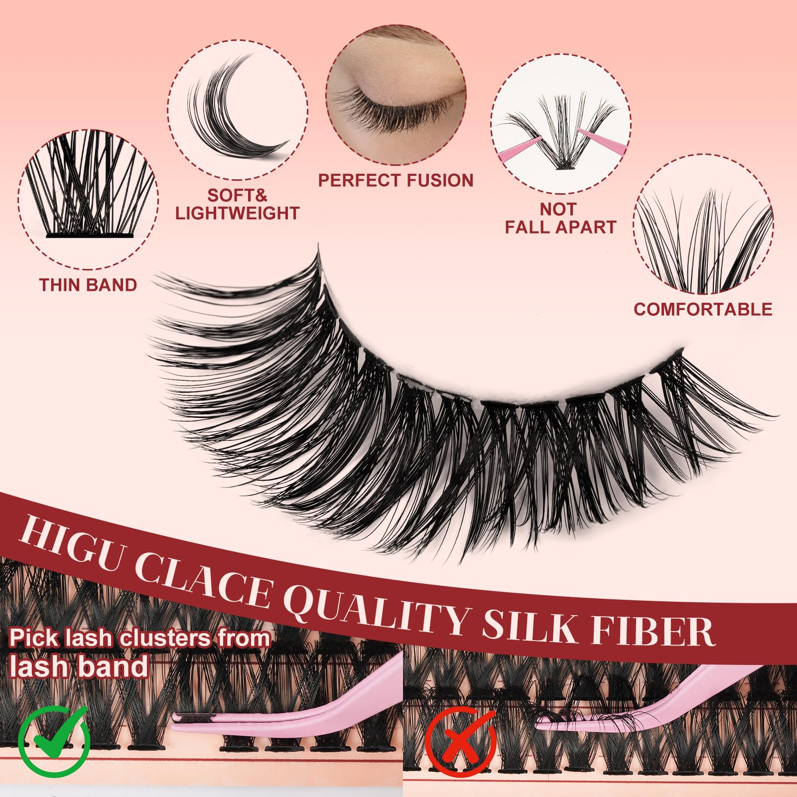 Higu clace Lash Clusters Kit DIY 280pcs — Natural 10-18mm 30D/40D Wispy Lashes with Bond & Seal