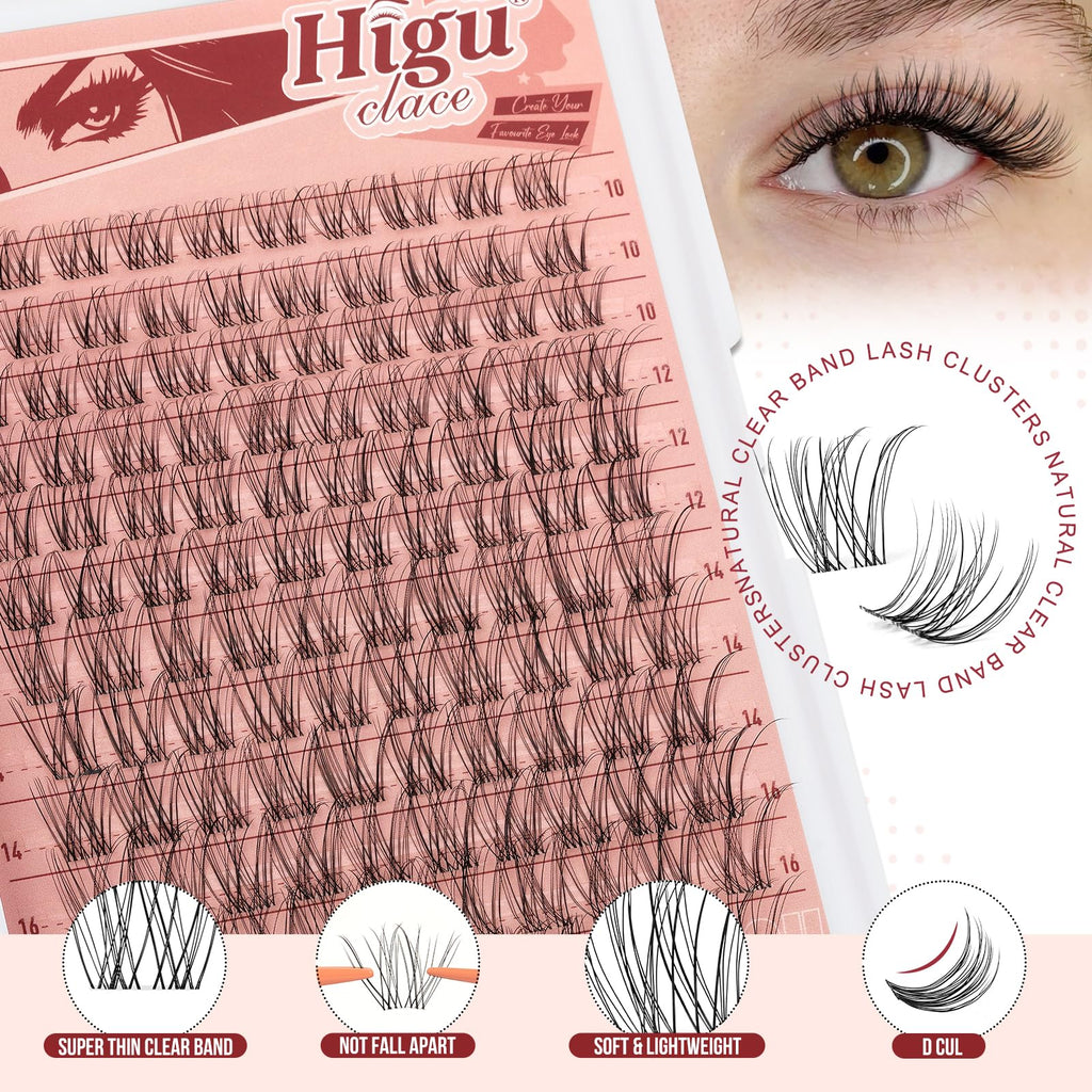Higu clace Wispy Lash Clusters Kit – 120 Pcs Natural Lashes, Bond & Seal, Clear Band