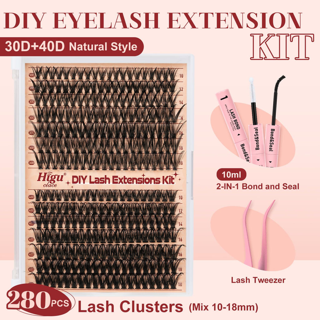 Higu clace Lash Clusters Kit DIY 280pcs — Natural 10-18mm 30D/40D Wispy Lashes with Bond & Seal