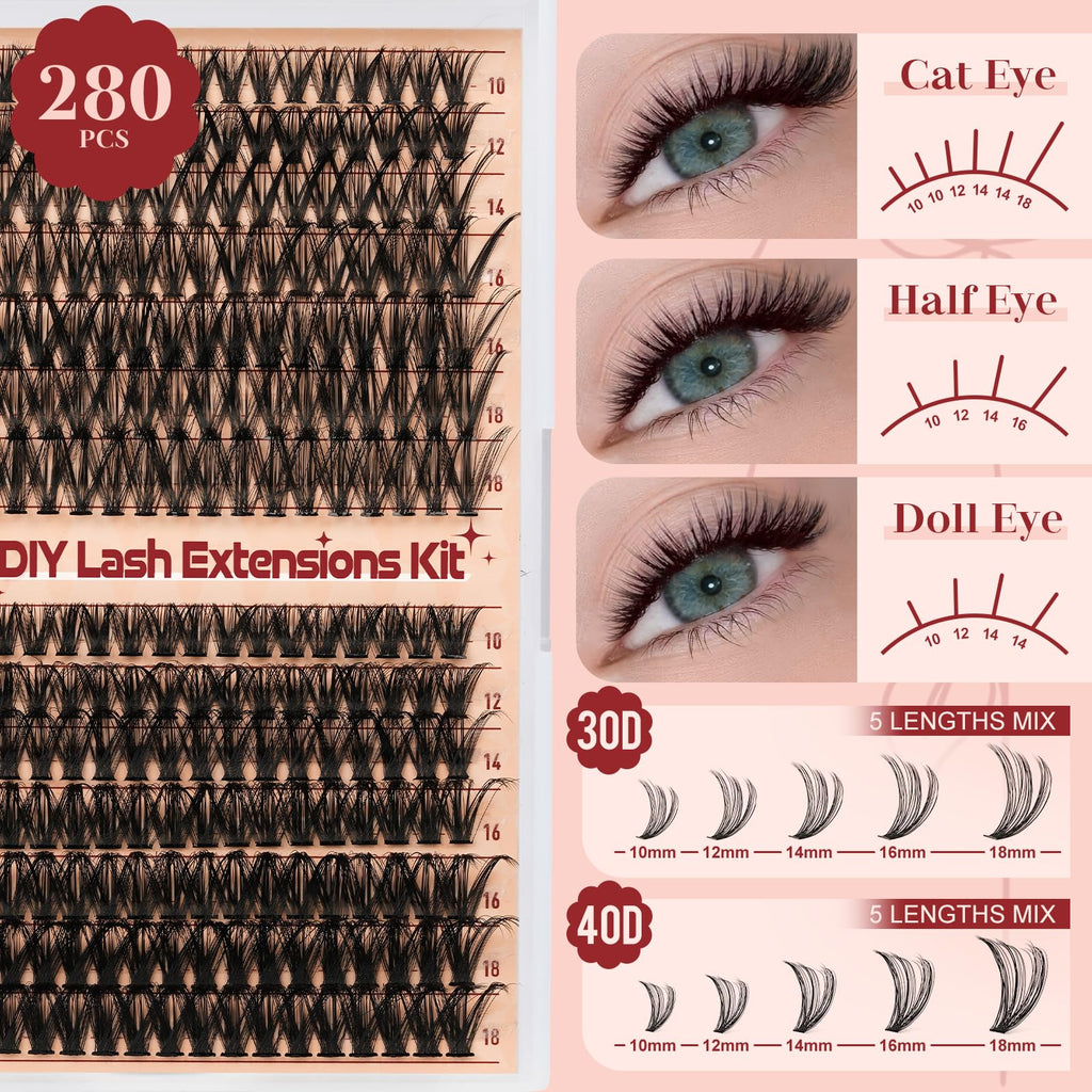 Higu clace Lash Clusters Kit DIY 280pcs — Natural 10-18mm 30D/40D Wispy Lashes with Bond & Seal