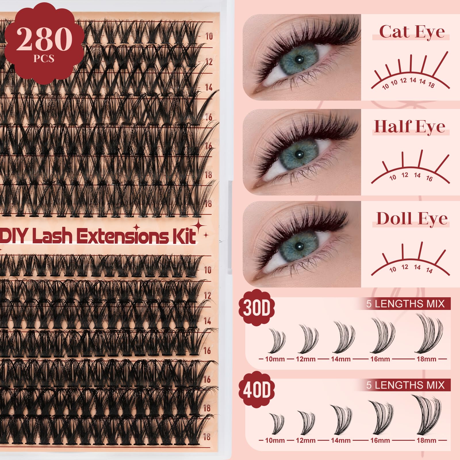 Higu clace Lash Clusters Kit DIY 280pcs — Natural 10-18mm 30D/40D Wispy Lashes with Bond & Seal