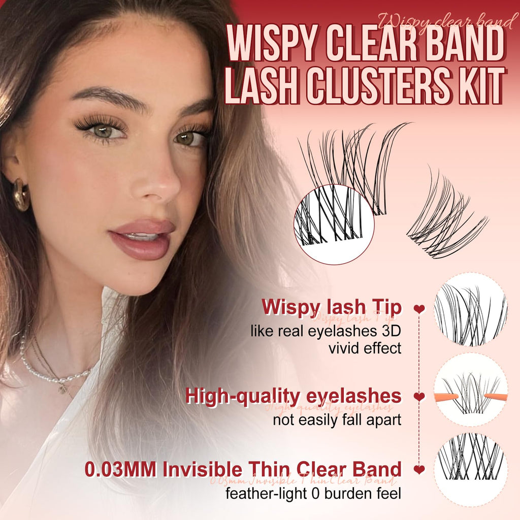 Higu clace Wispy Lash Clusters Kit – 120 Pcs Natural Lashes, Bond & Seal, Clear Band