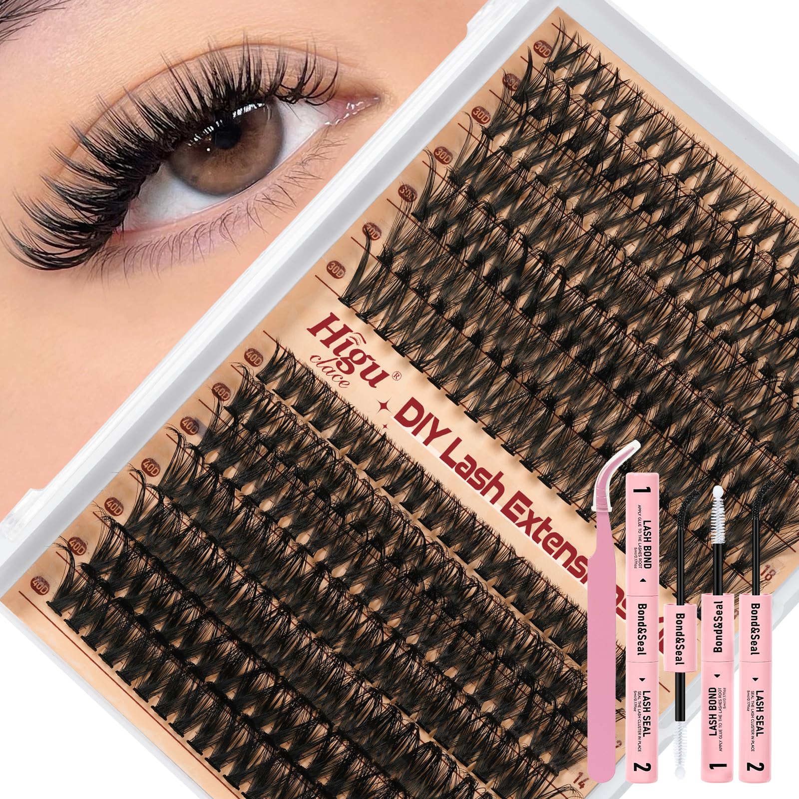 Higu clace Lash Clusters Kit DIY 280pcs — Natural 10-18mm 30D/40D Wispy Lashes with Bond & Seal