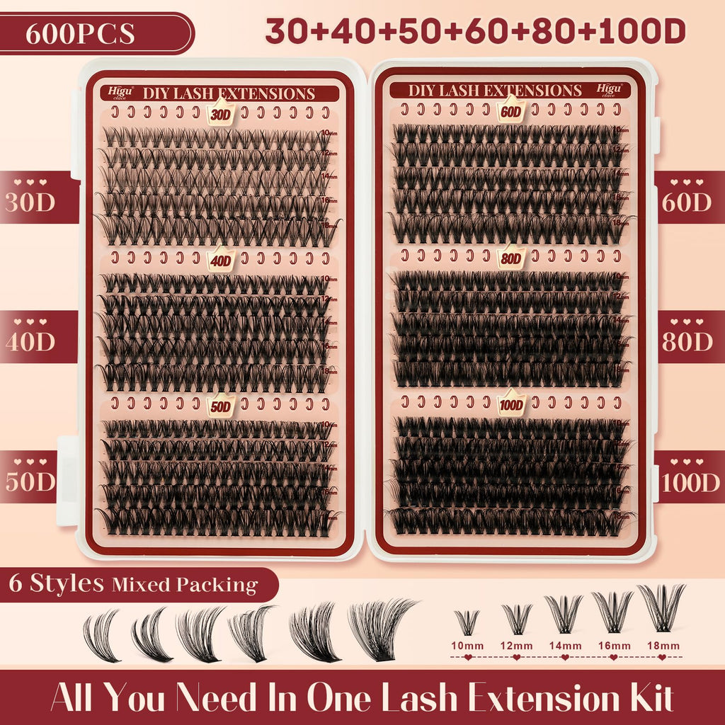Higu clace Lash Clusters – 600Pcs, 6 Styles, 10-18mm, 30D–100D Wispy DIY Extensions