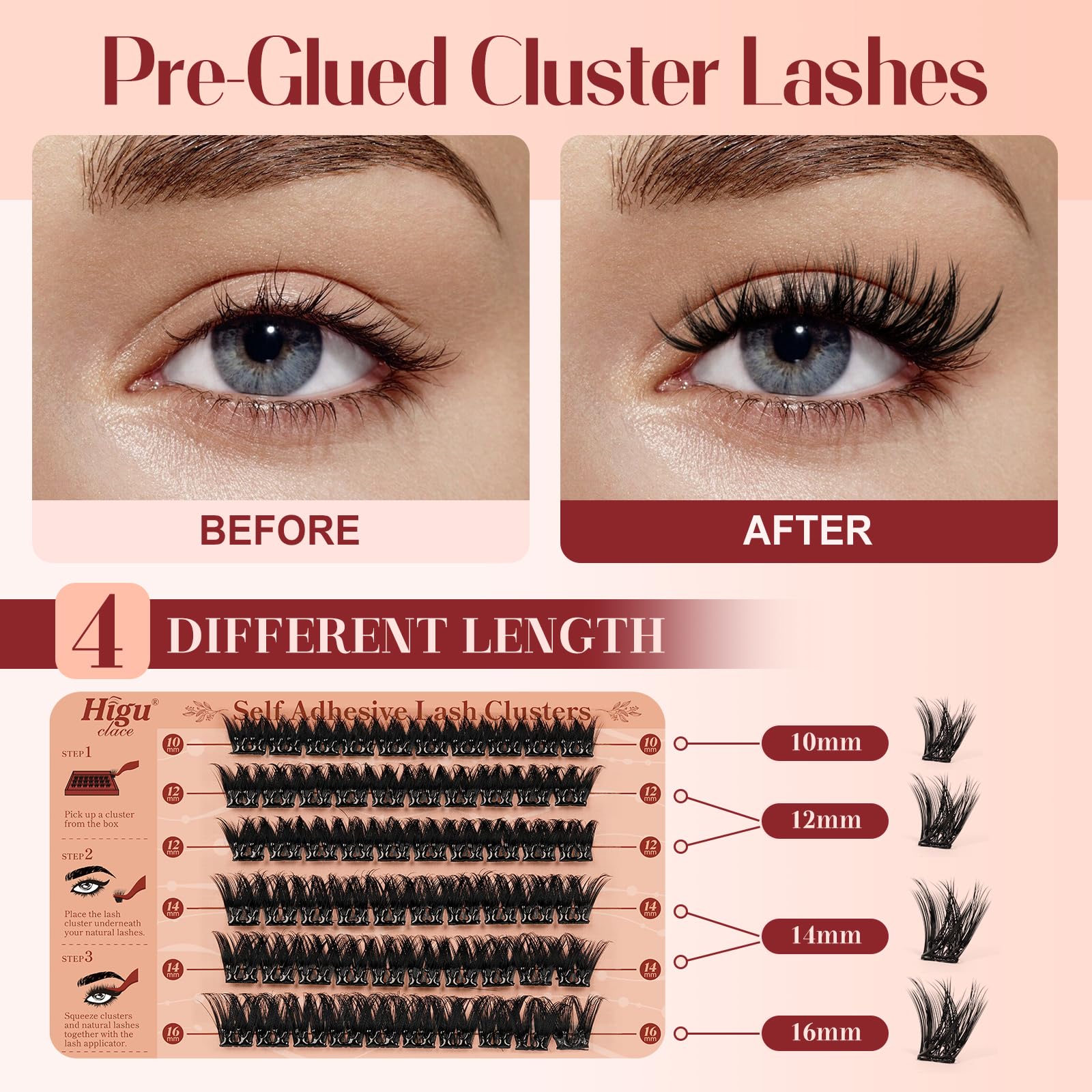 Higu Clace Self-Adhesive Eyelashes Kit – Pre-Glued Clusters 10-16mm