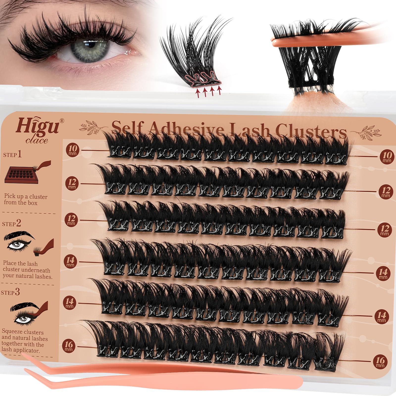Higu Clace Self-Adhesive Eyelashes Kit – Pre-Glued Clusters 10-16mm