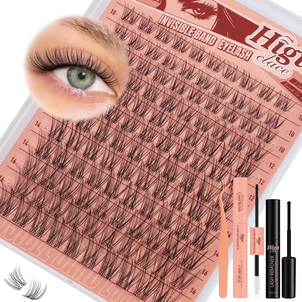 Higu clace Wispy Lash Clusters Kit – 120 Pcs Natural Lashes, Bond & Seal, Clear Band