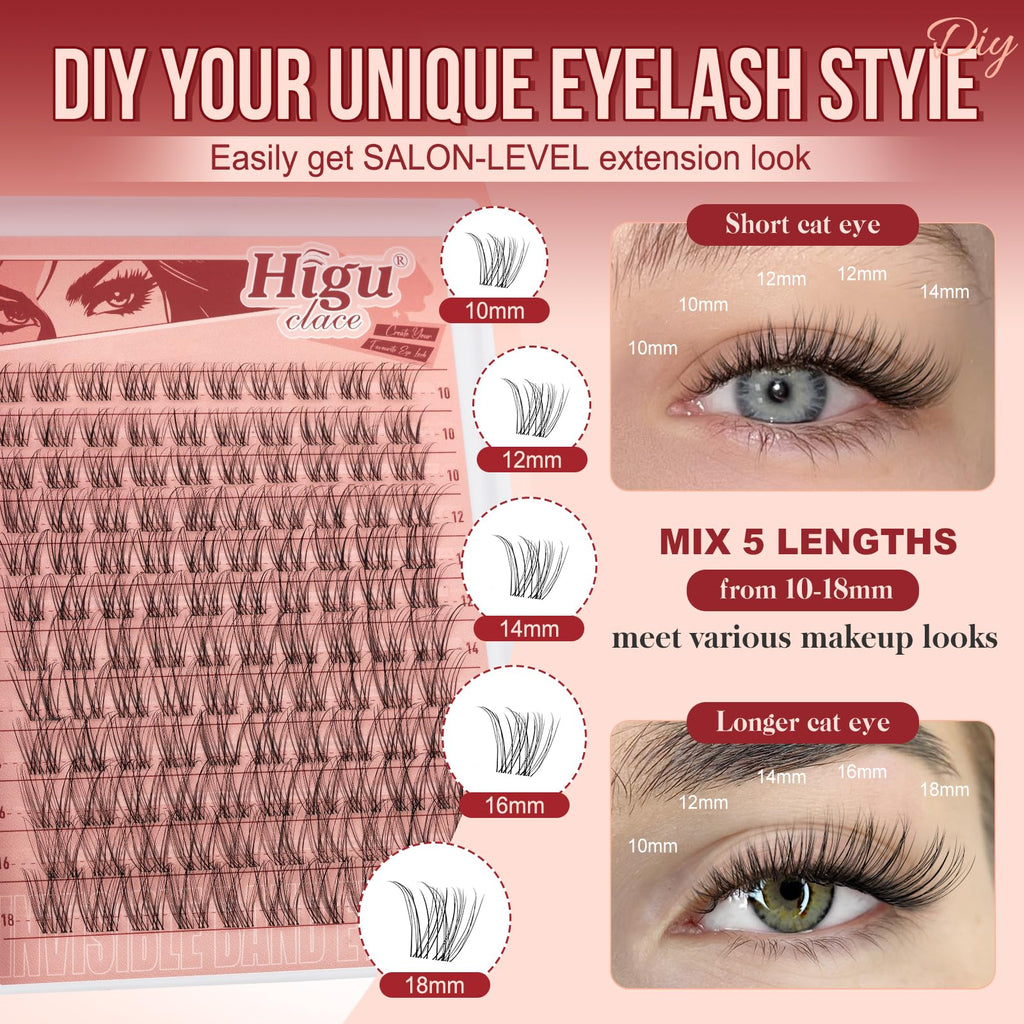 Higu clace Wispy Lash Clusters Kit – 120 Pcs Natural Lashes, Bond & Seal, Clear Band