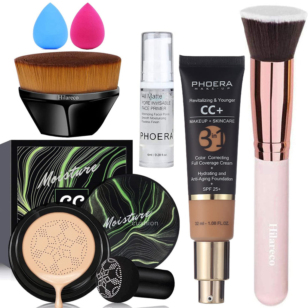Hilareco Air Cushion CC Cream – PHOERA CC+ Cream SPF25, Hydrating Serum, Primer & Kabuki Brush Set