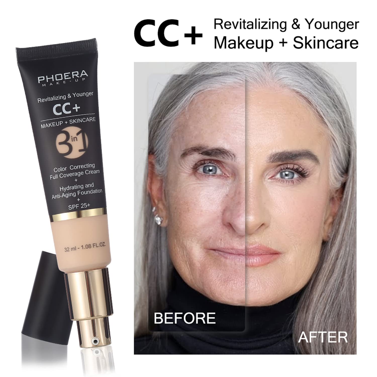 Hilareco Air Cushion CC Cream – PHOERA CC+ Cream SPF25, Hydrating Serum, Primer & Kabuki Brush Set