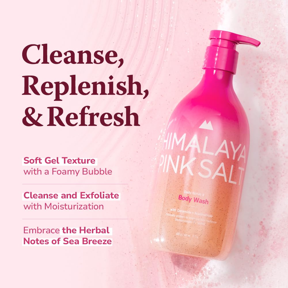 Himalaya PinkSalt Daily Scrub & Body Wash – Exfoliating Salt Scrub with Dead Sea Salt, Hyaluronic Acid & Retinol (21.1oz)