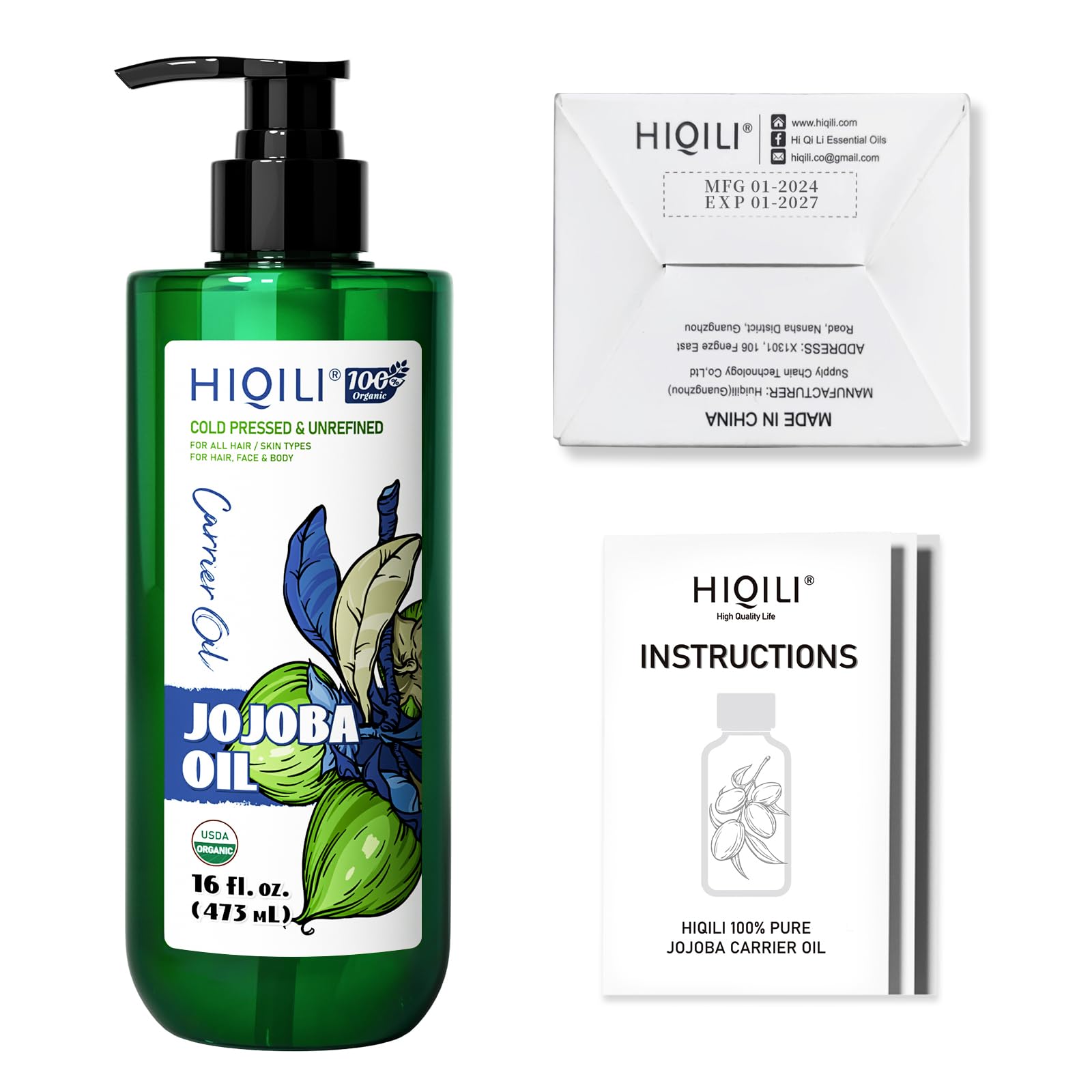 HIQILI Jojoba Oil 473ml – Pure Cold-Pressed Carrier Oil for Hair, Skin, Nails (Roller Bottle Included)
