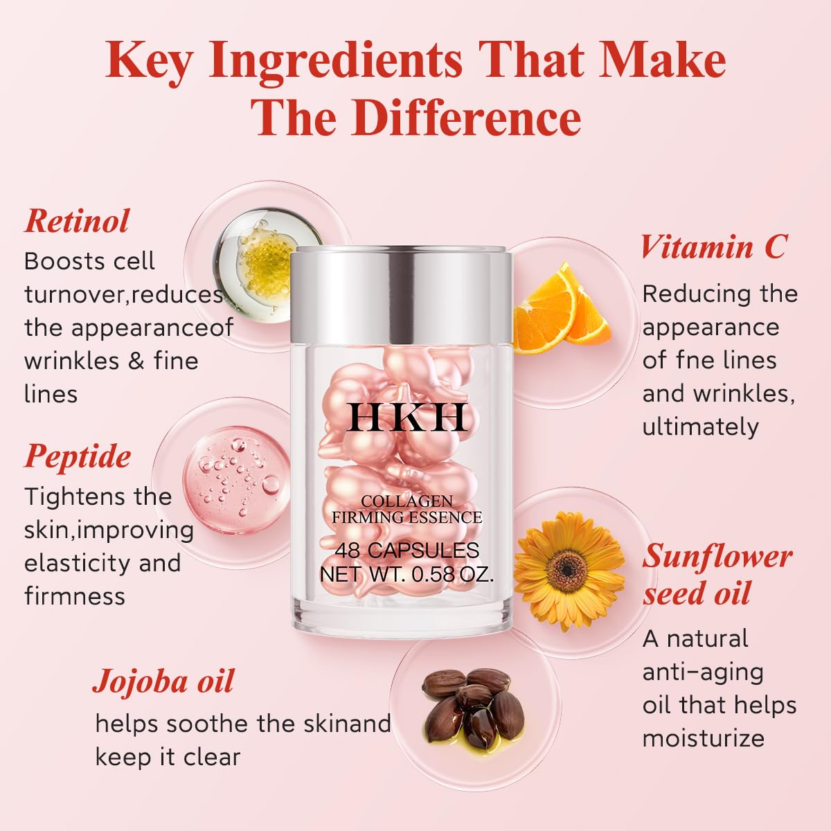 HKH Retinol Face Serum Oil – Anti-Aging Night Serum with Vitamin E, 48 Capsules, Non-Greasy & Travel‑Friendly