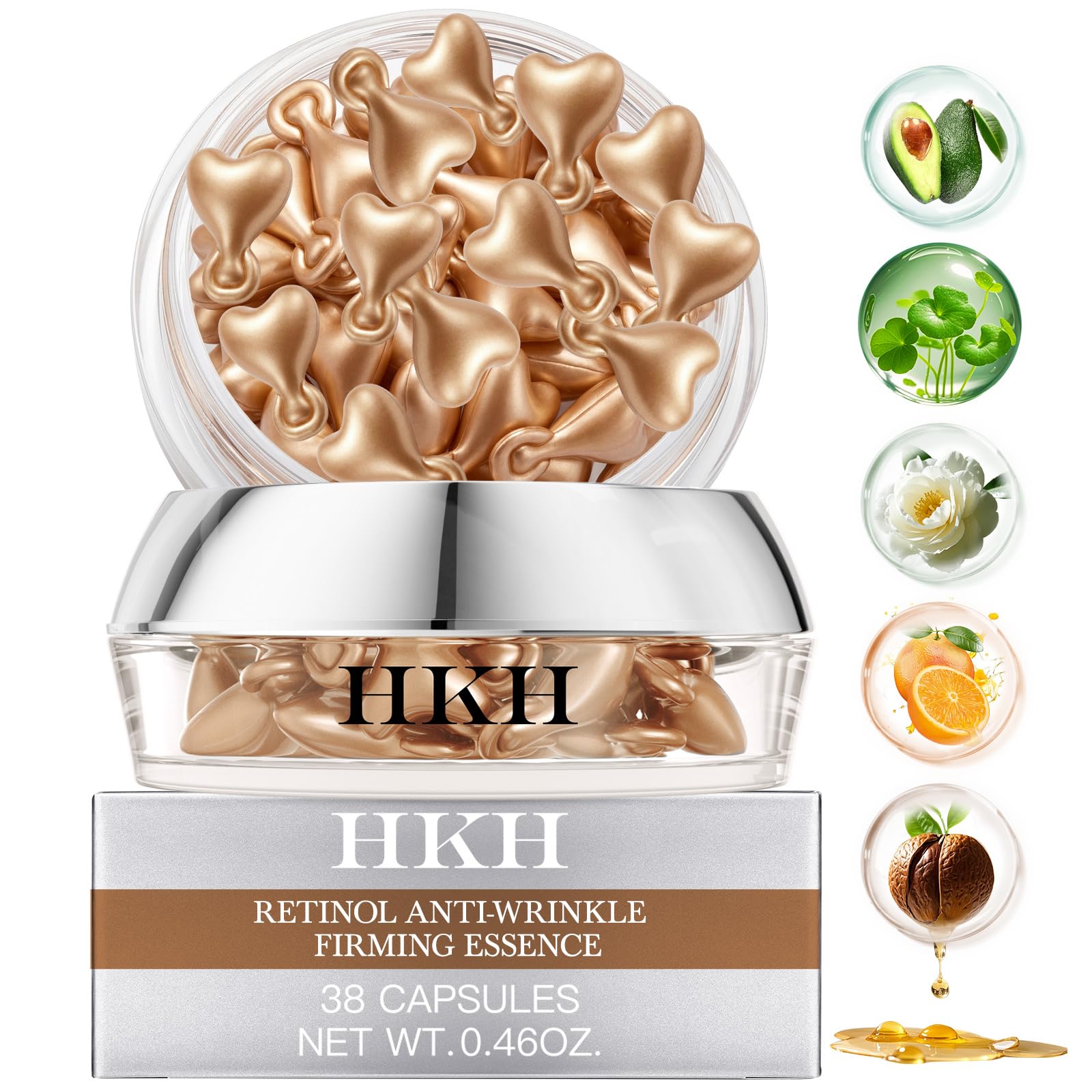 HKH Retinol Serum Capsules for Face – Niacinamide + Hyaluronic Acid, 38 Caps | Travel-Friendly