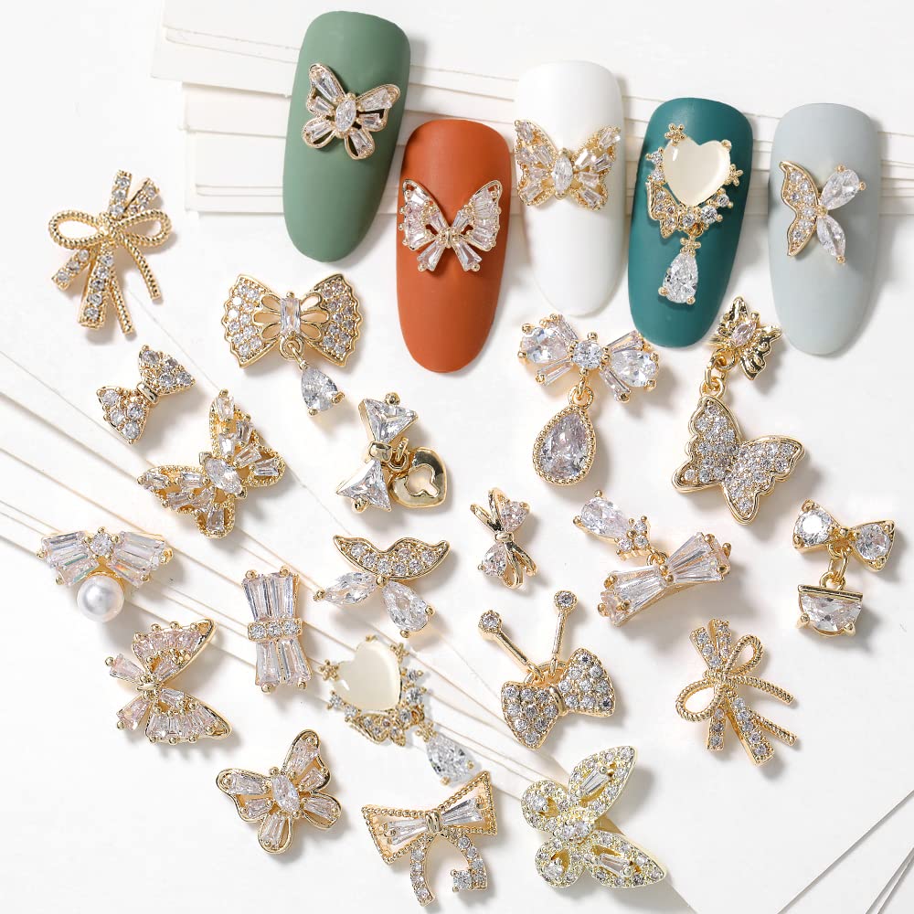 HNUIX Butterfly Nail Charms & Gems — Gold Copper Zircon, 27-Piece Nail Art Jewelry Kit