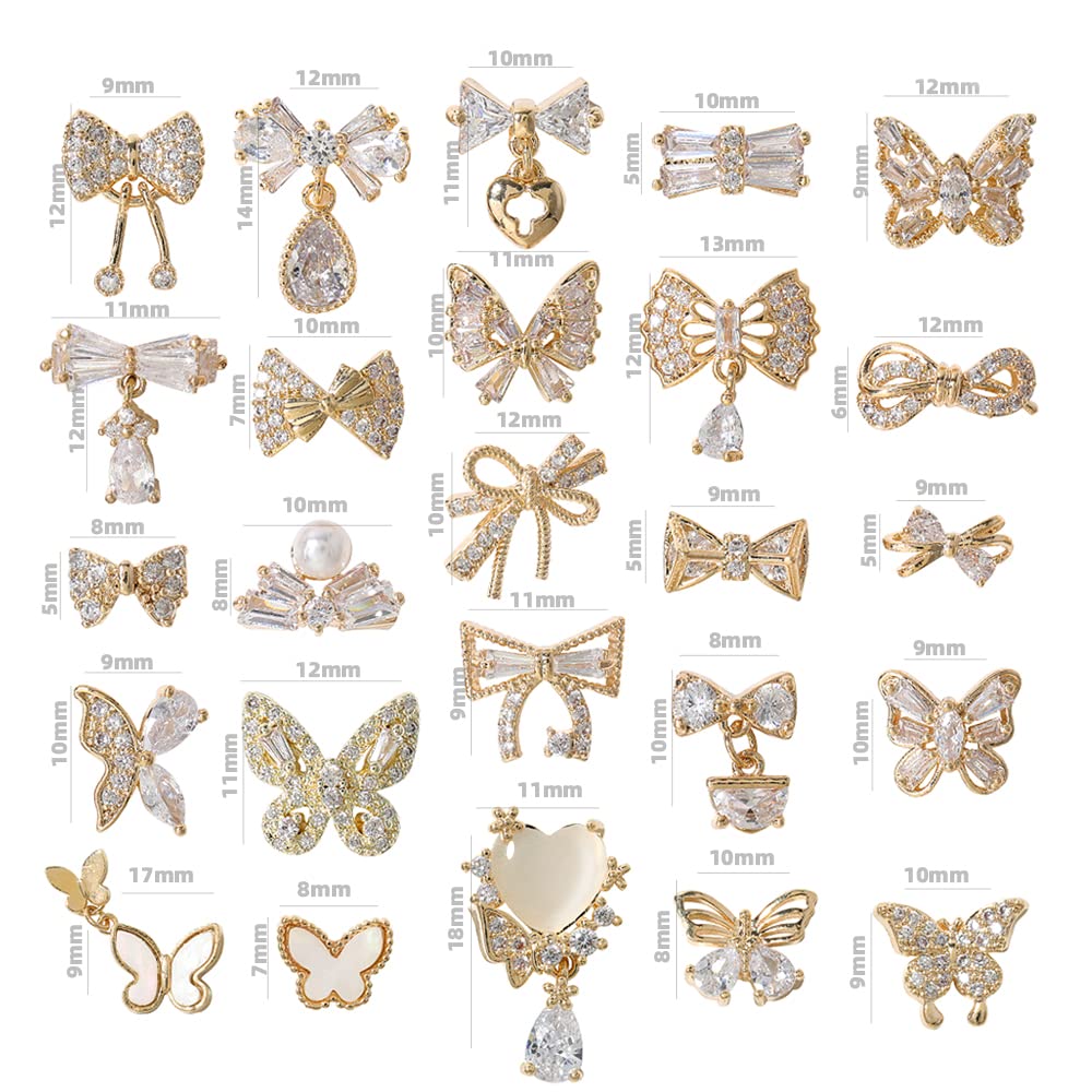 HNUIX Butterfly Nail Charms & Gems — Gold Copper Zircon, 27-Piece Nail Art Jewelry Kit