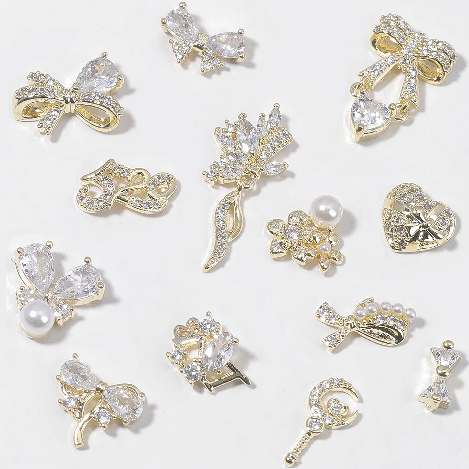 HNUIX Nail Charms & Gems – Gold Copper Zircon 3D Dangles (14 Pieces)
