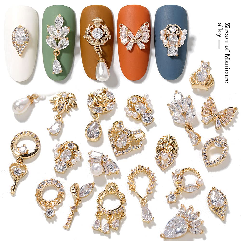 HNUIX Nail Charms & Gems – Gold Copper Zircon 24Pcs 3D Dangle Rhinestones for Nails