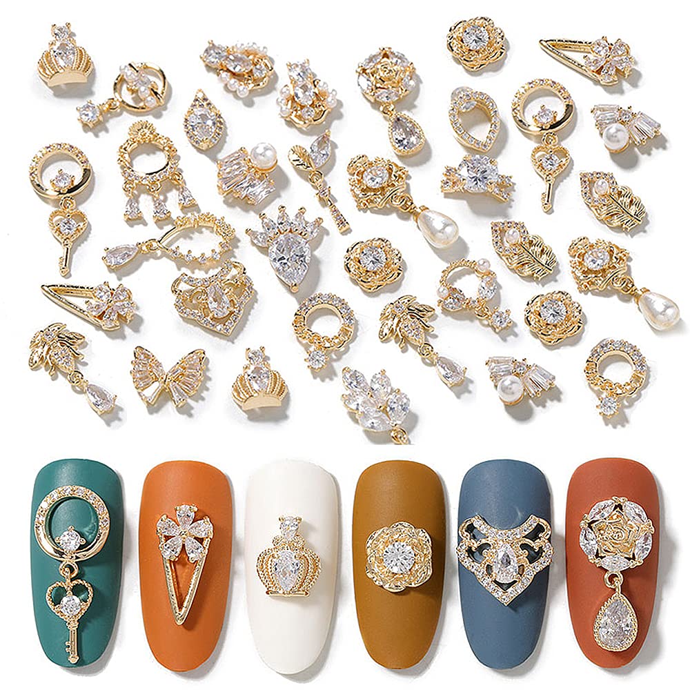 HNUIX Nail Charms & Gems – Gold Copper Zircon 24Pcs 3D Dangle Rhinestones for Nails