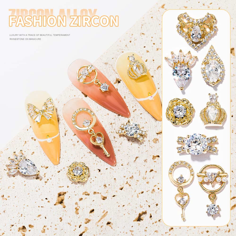 HNUIX Nail Charms & Gems – Gold Copper Zircon 24Pcs 3D Dangle Rhinestones for Nails