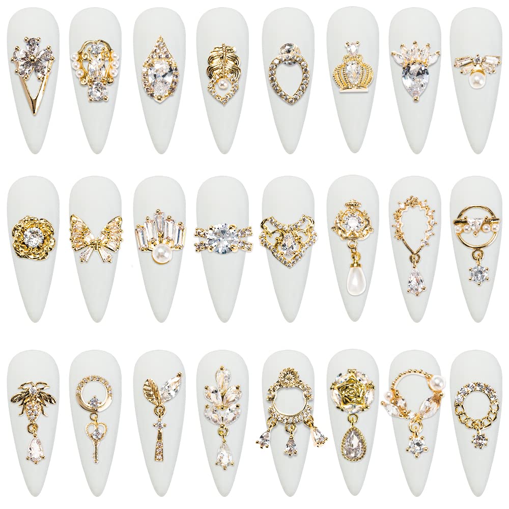 HNUIX Nail Charms & Gems – Gold Copper Zircon 24Pcs 3D Dangle Rhinestones for Nails