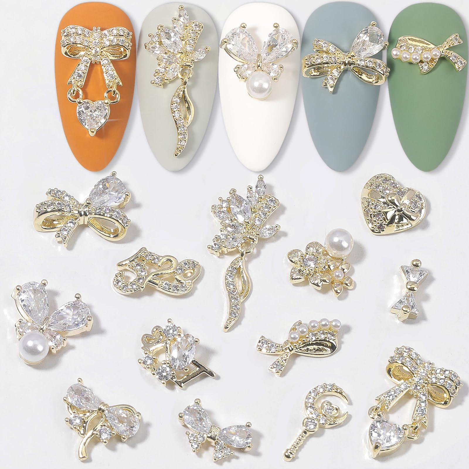HNUIX Nail Charms & Gems – Gold Copper Zircon 3D Dangles (14 Pieces)