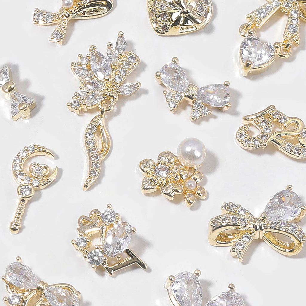 HNUIX Nail Charms & Gems – Gold Copper Zircon 3D Dangles (14 Pieces)