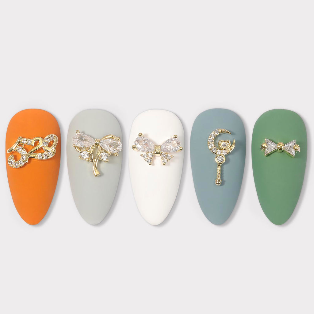 HNUIX Nail Charms & Gems – Gold Copper Zircon 3D Dangles (14 Pieces)