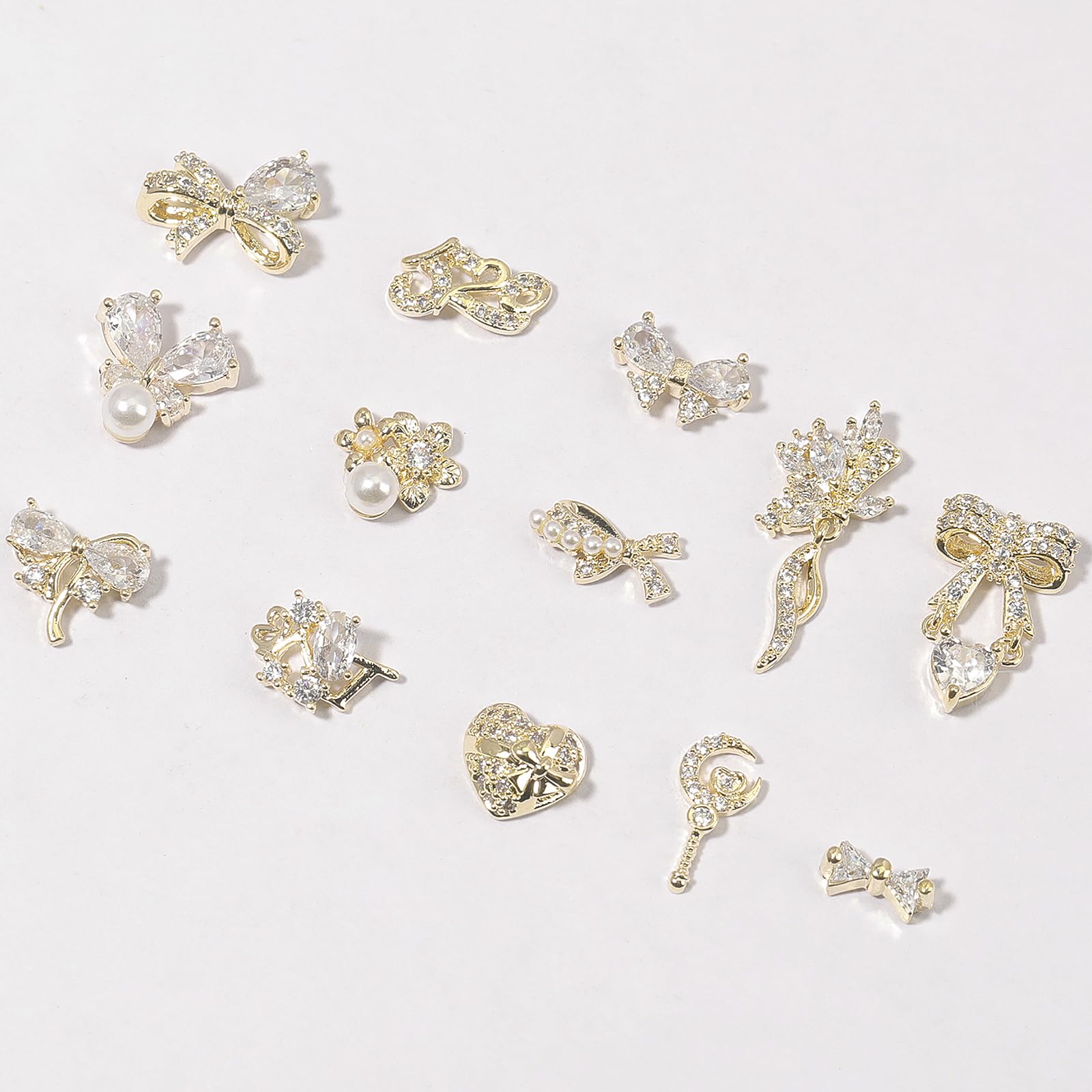 HNUIX Nail Charms & Gems – Gold Copper Zircon 3D Dangles (14 Pieces)