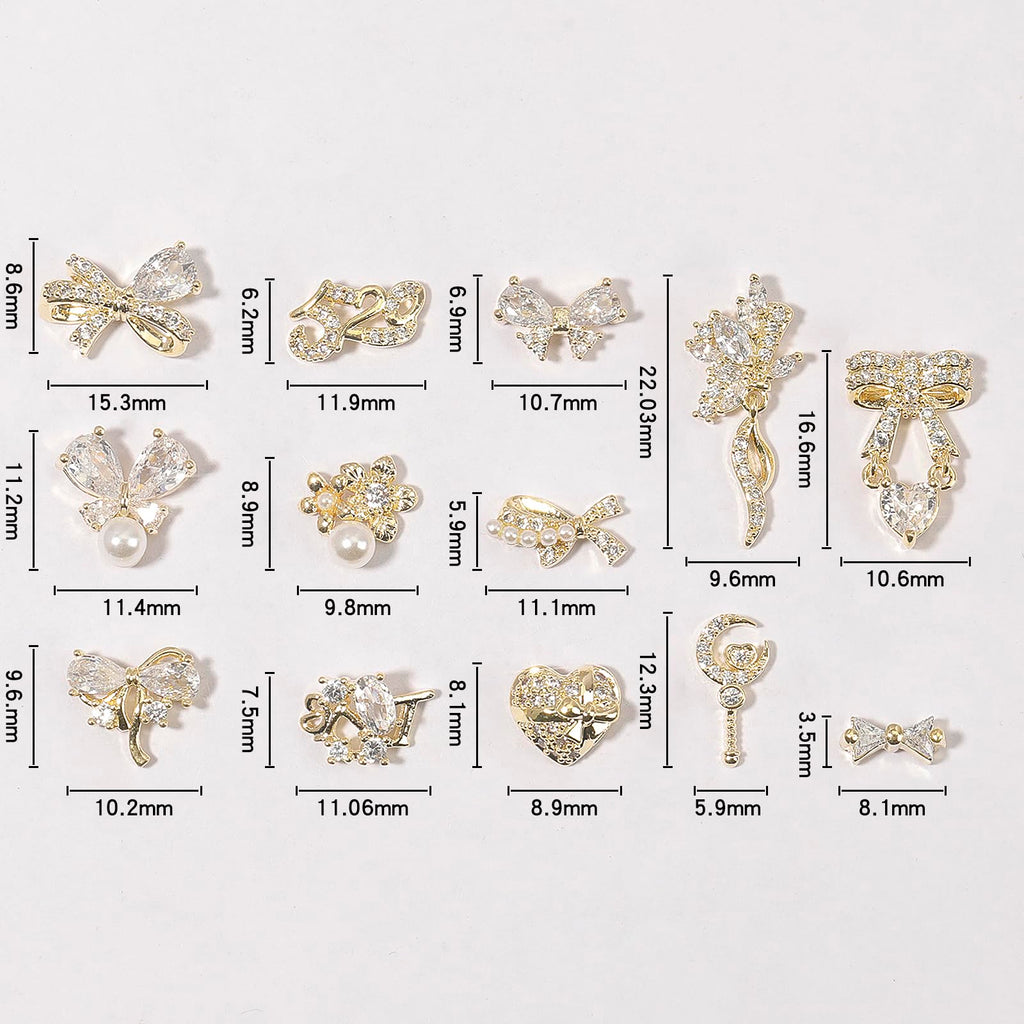 HNUIX Nail Charms & Gems – Gold Copper Zircon 3D Dangles (14 Pieces)