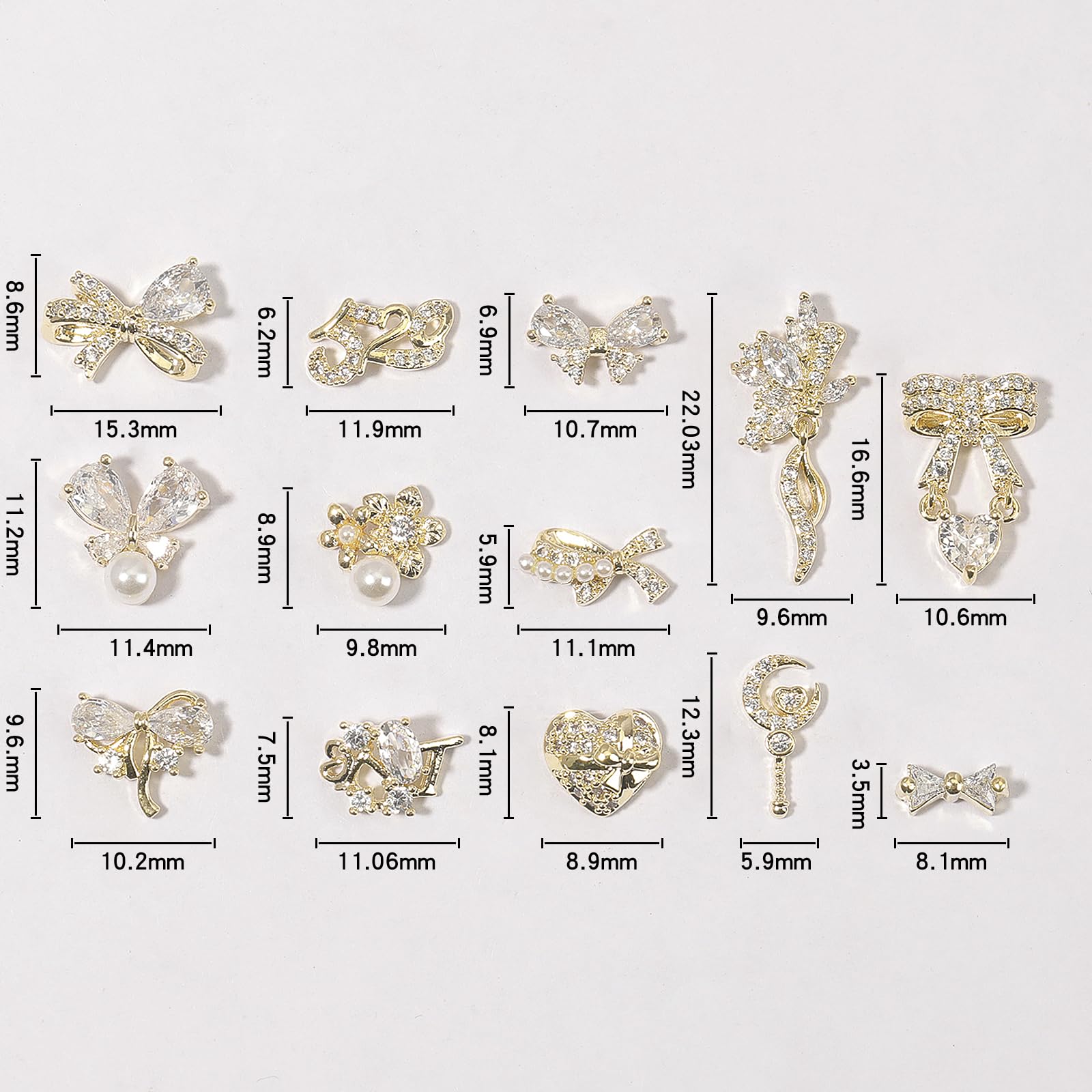 HNUIX Nail Charms & Gems – Gold Copper Zircon 3D Dangles (14 Pieces)