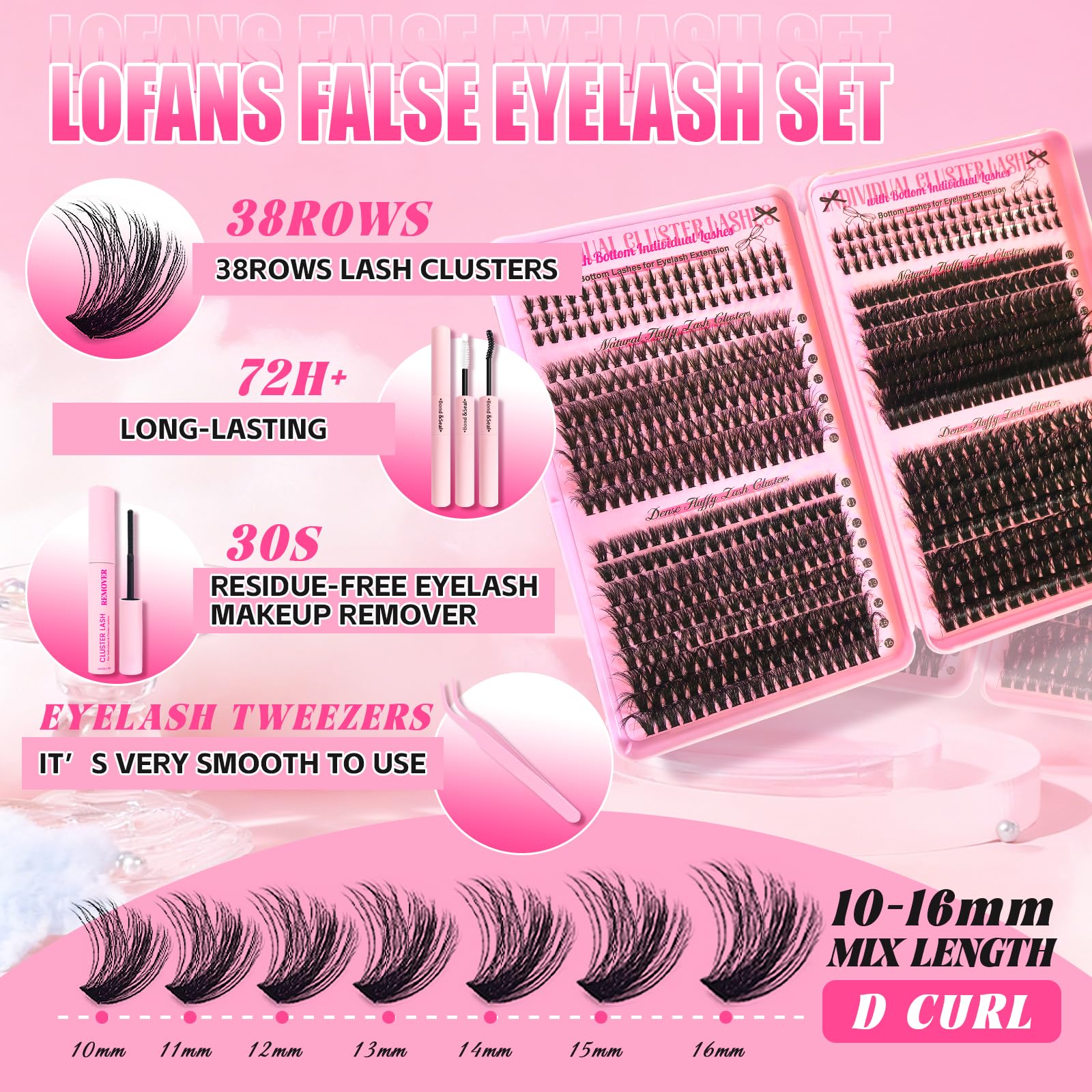 Holipet Lash Clusters Kit – 64 Top & 12 Bottom Eyelashes, Wispy Natural Volume (10-16mm, 40D-100D) with Bond & Seal – 2 Pack