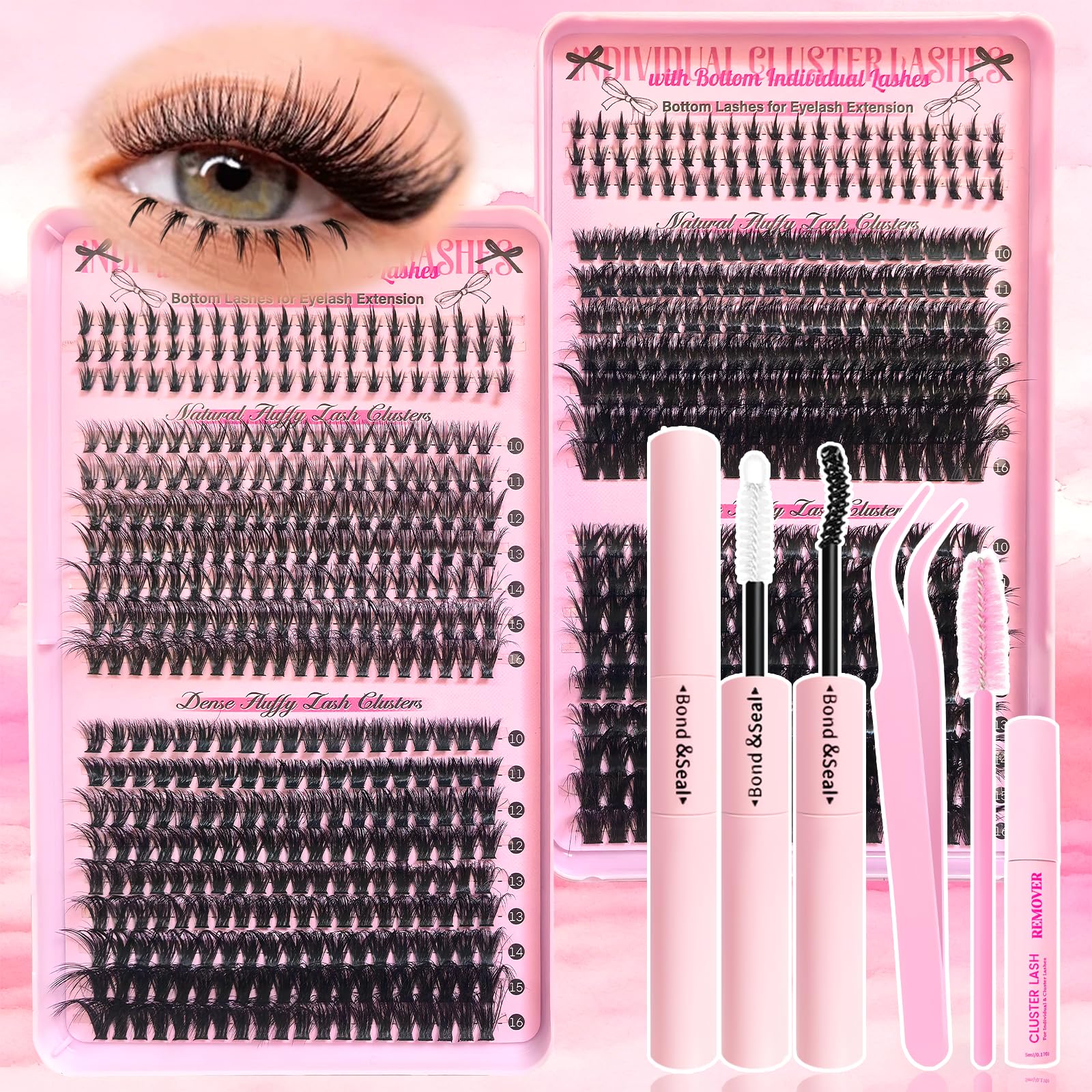 Holipet Lash Clusters Kit – 64 Top & 12 Bottom Eyelashes, Wispy Natural Volume (10-16mm, 40D-100D) with Bond & Seal – 2 Pack