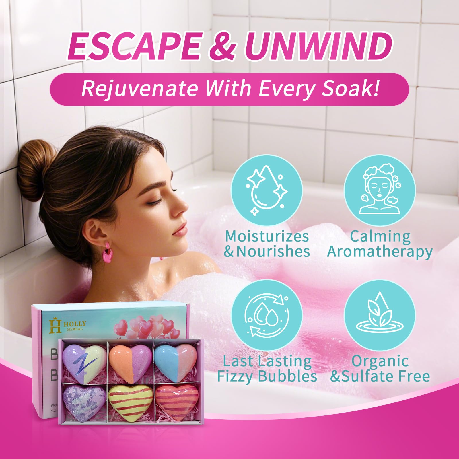 Holly Herbal XL Bath Bomb Gift Set - 6 Natural Soaks with Shea Butter & Essential Oils