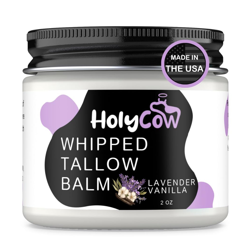 HolyCow Beef Tallow for Skin | Whipped Balm with Organic Jojoba Oil – Grass-Fed Tallow Moisturizer for Eczema, Baby & Lip Care – Lavender Vanilla