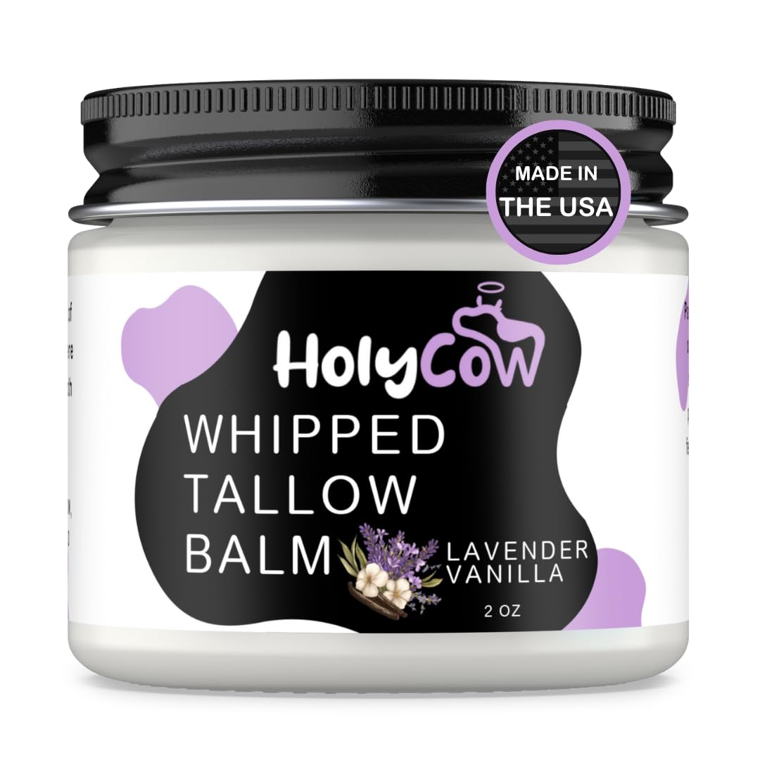 HolyCow Beef Tallow for Skin | Whipped Balm with Organic Jojoba Oil – Grass-Fed Tallow Moisturizer for Eczema, Baby & Lip Care – Lavender Vanilla