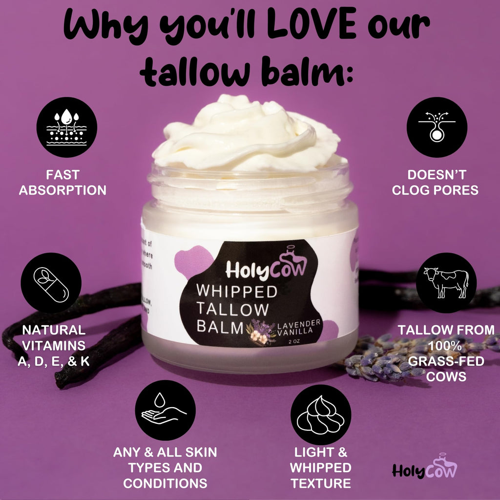 HolyCow Beef Tallow for Skin | Whipped Balm with Organic Jojoba Oil – Grass-Fed Tallow Moisturizer for Eczema, Baby & Lip Care – Lavender Vanilla