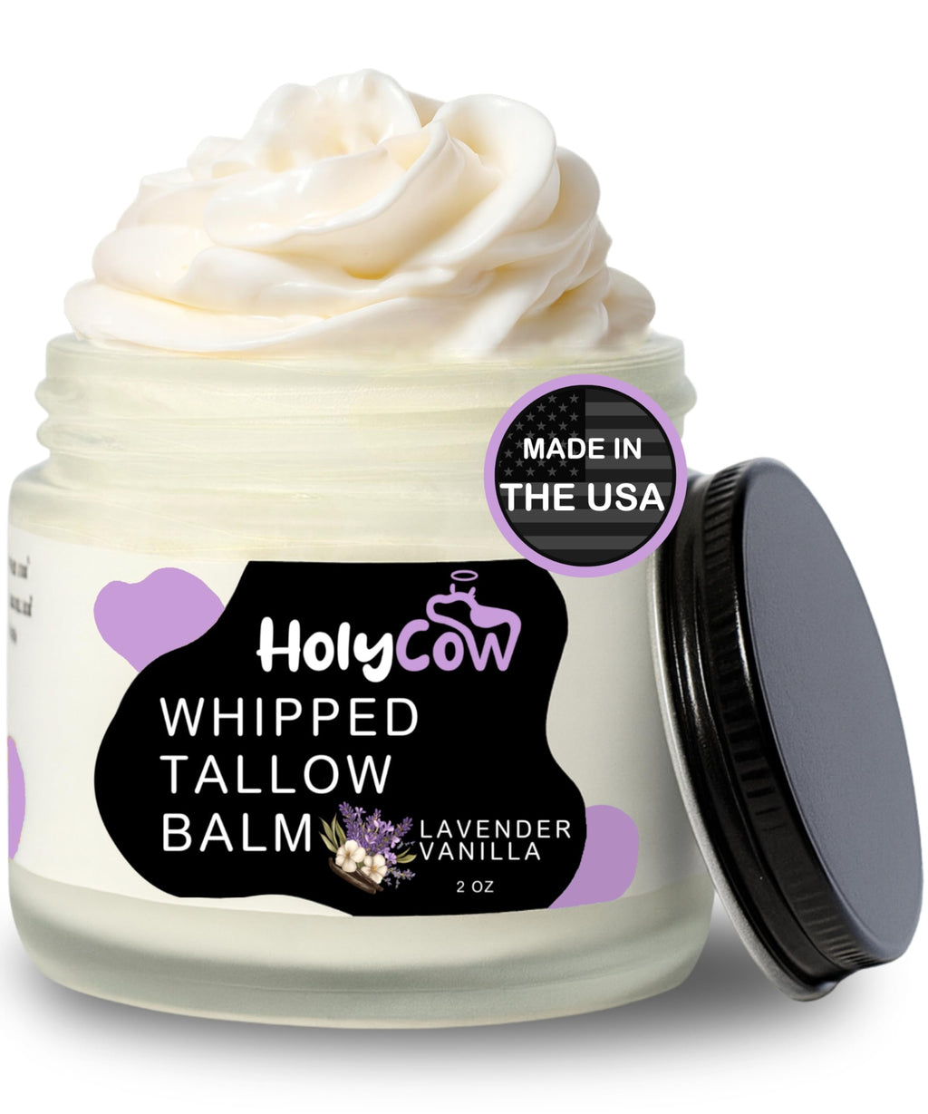 HolyCow Beef Tallow for Skin | Whipped Balm with Organic Jojoba Oil – Grass-Fed Tallow Moisturizer for Eczema, Baby & Lip Care – Lavender Vanilla