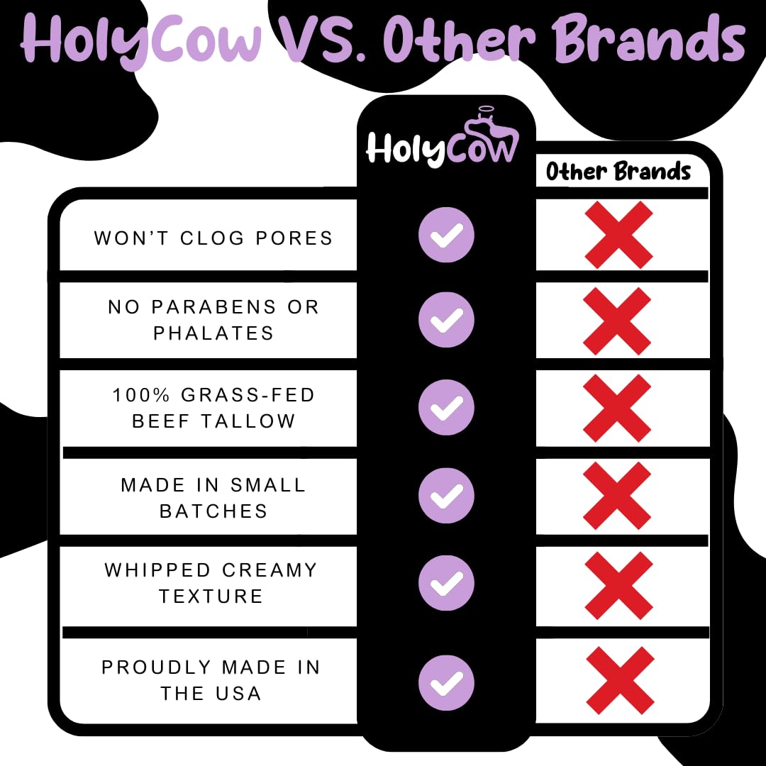 HolyCow Beef Tallow for Skin | Whipped Balm with Organic Jojoba Oil – Grass-Fed Tallow Moisturizer for Eczema, Baby & Lip Care – Lavender Vanilla