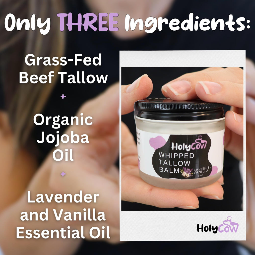 HolyCow Beef Tallow for Skin | Whipped Balm with Organic Jojoba Oil – Grass-Fed Tallow Moisturizer for Eczema, Baby & Lip Care – Lavender Vanilla