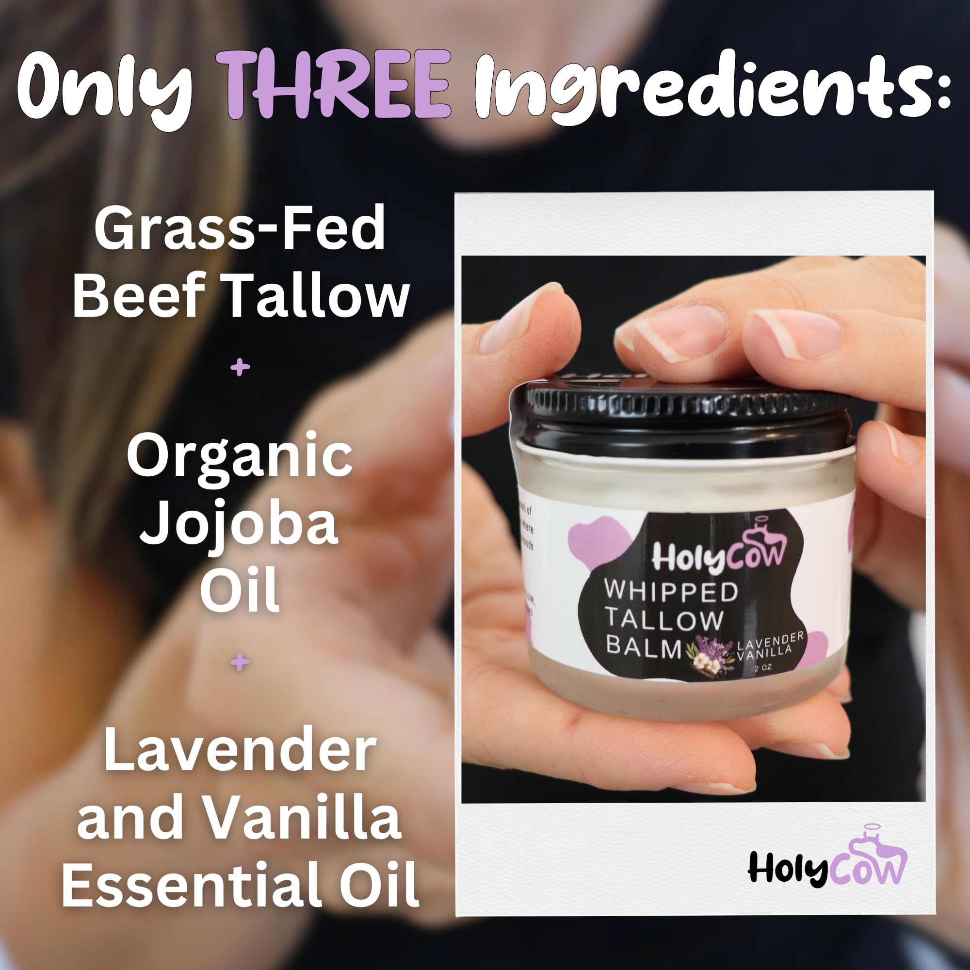 HolyCow Beef Tallow for Skin | Whipped Balm with Organic Jojoba Oil – Grass-Fed Tallow Moisturizer for Eczema, Baby & Lip Care – Lavender Vanilla